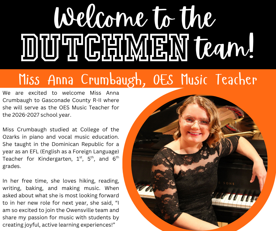 A smiling woman in black lace, seated at a piano, introduces herself as Miss Anna Crumbaugh, the new music teacher.