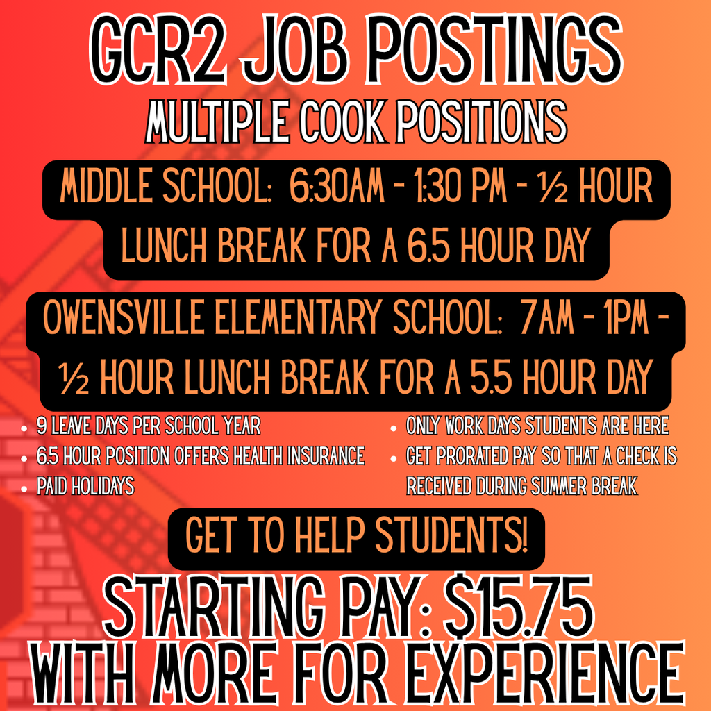 Job postings for multiple cook positions at two schools, middle and elementary, with details on hours, lunch breaks, and benefits.