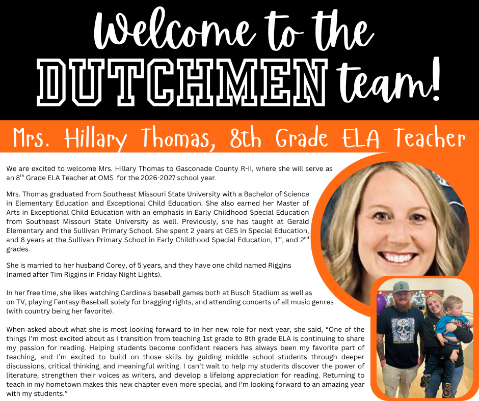 Black and white text on a white background. A woman's portrait on the right, smiling. Text introduces Mrs. Hillary Thomas, 8th-grade ELA teacher.