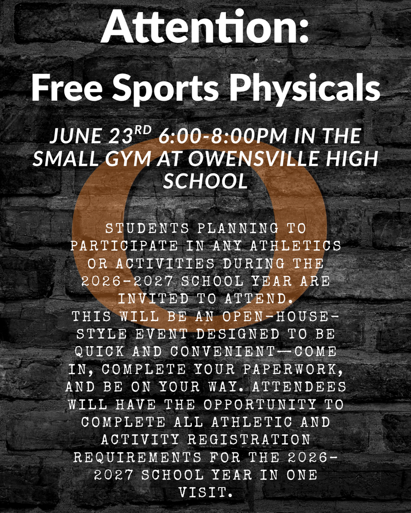 A poster with a brick wall background invites students to free sports physicals on June 23rd from 6:00-8:00 PM in the high school gym.