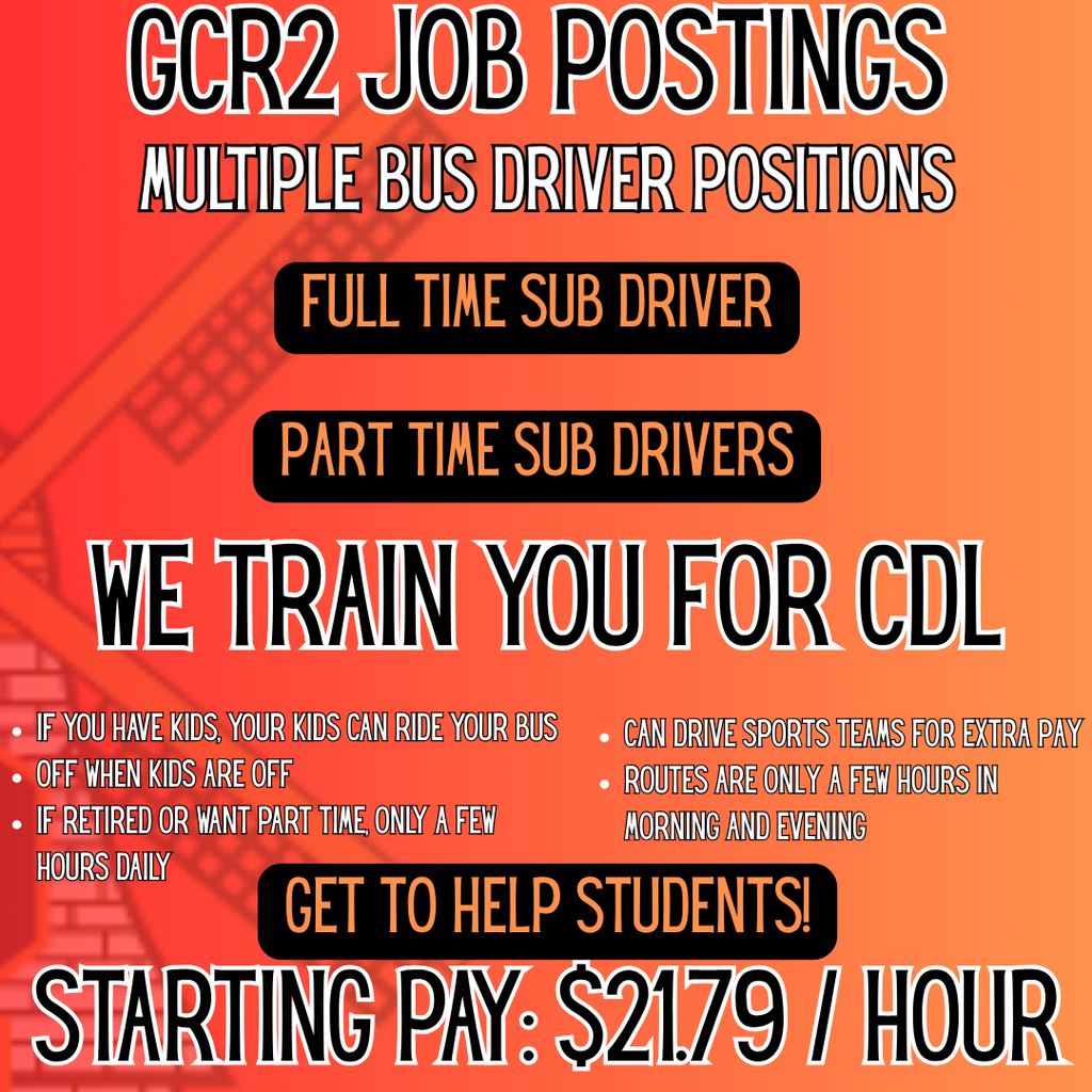 Bright red and black text on an orange background advertises job postings for multiple bus driver positions.