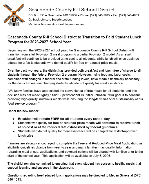 Document from Gasconade County R-II School District. Title: Transition to Paid Student Lunch Program 2026-2027 School Year.