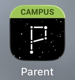 A black and green circular app icon features white dots forming a constellation. The word "CAMPUS" appears above.