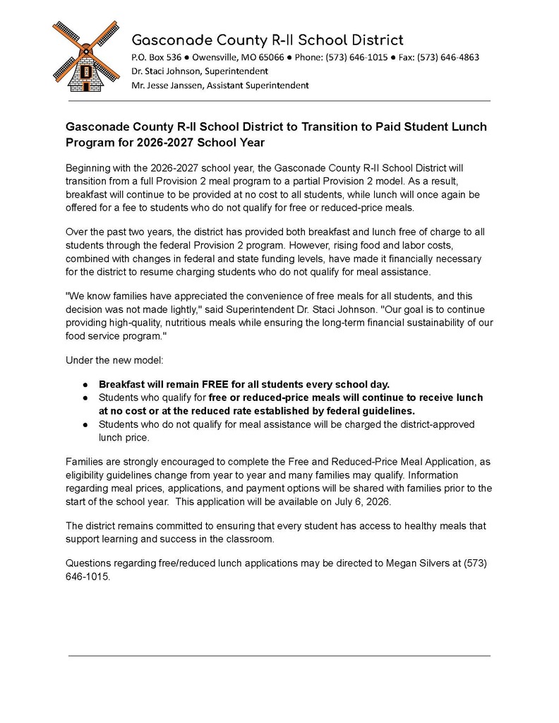 Document titled "Gasconade County R-II School District Transition to Paid Student Lunch Program." Includes details on a transition to paid lunch starting with the 2026-2027 school year.