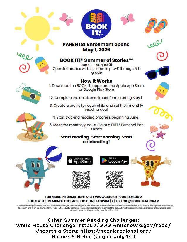 A flyer with a summer theme encourages families to join "BOOK IT! Summer of Stories" from May to August. It has icons for downloading the app, setting up profiles, and tracking reading.