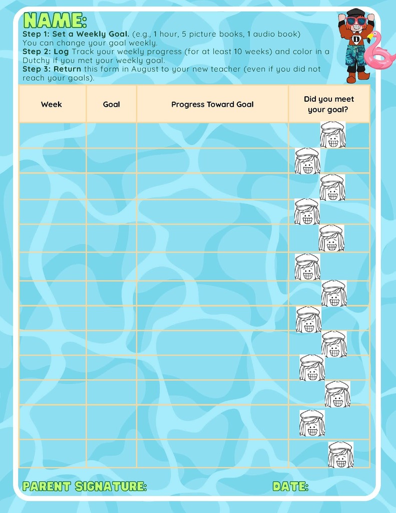 A worksheet with a blue and white pattern has rows labeled 'Week', 'Goal', 'Progress Toward Goal', and 'Did you meet your goal?'