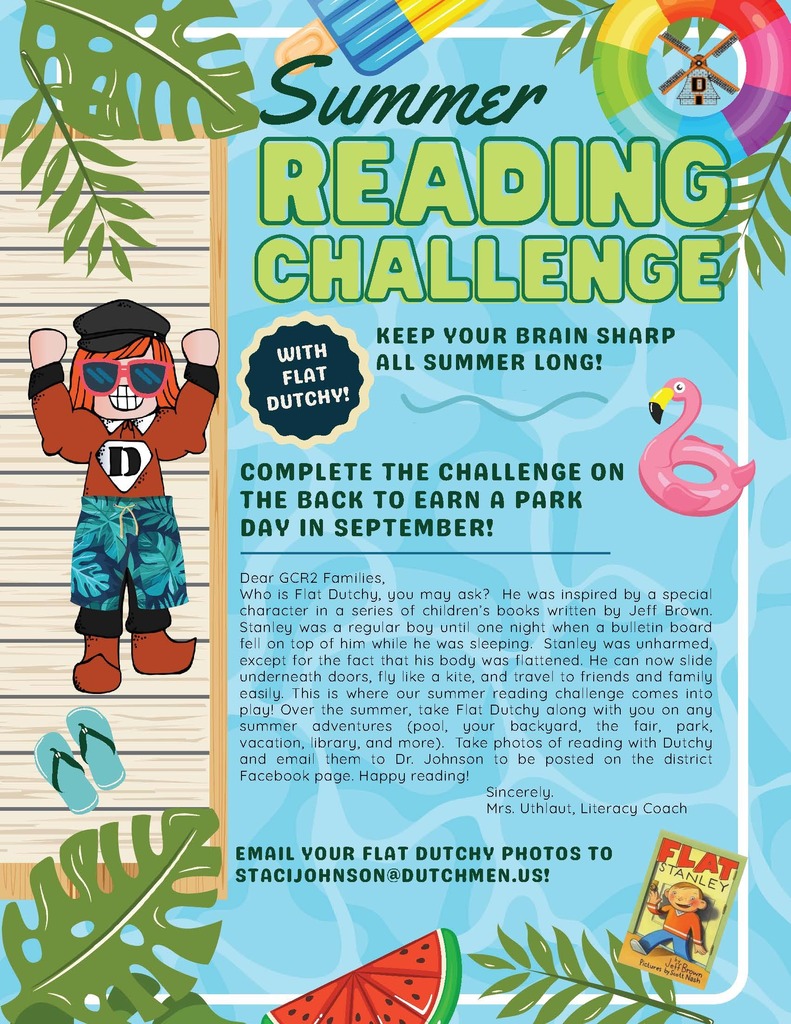 Poster promoting a summer reading challenge. It features a cartoon character in sunglasses and a summer outfit. The poster includes a pink flamingo and tropical plants.