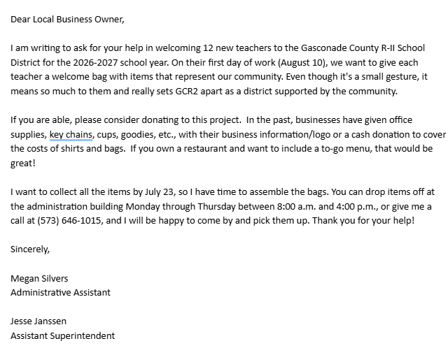 Letter from Gasconade R-II School District seeking donations for welcome bags. Dated August 12, 2022. Signed by Megan Silvers, Administrative Assistant.