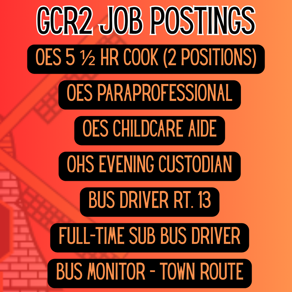 Orange background with white text. Job listings include OES 5 1/2 HR Cook, OES Paraprofessional, and more.