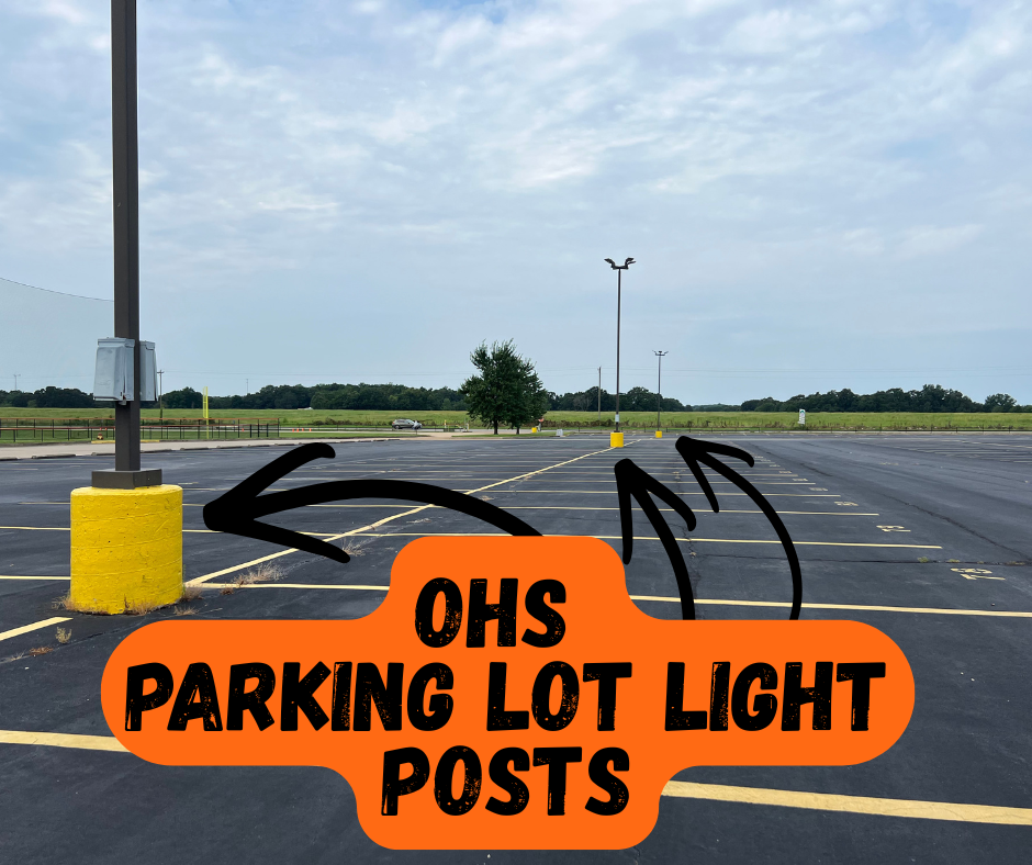 Parking lot with yellow posts and streetlights. Text overlay reads "OHS PARKING LOT LIGHT POSTS". Arrows point to posts.