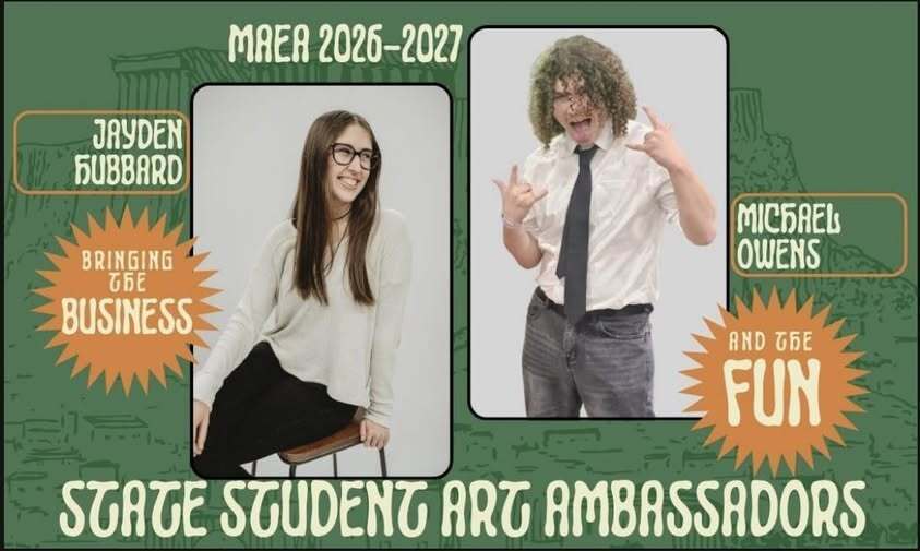 Two students are shown for the role of stage student art ambassadors. One wears glasses, a white top, and black skirt. The other wears a tie, a white top, and gray trousers.