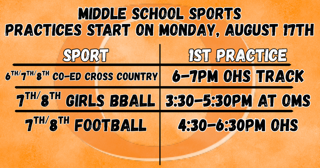 A yellow-orange banner displays a schedule for middle school sports practices starting on August 17.