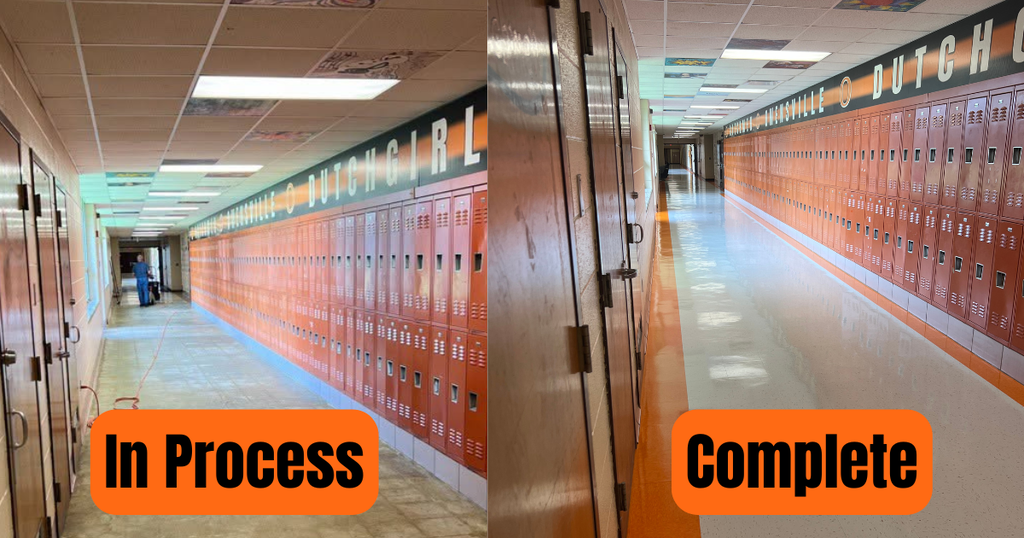 Two sections of a hallway with lockers, one labeled "In Process" and the other "Complete," showing progress.