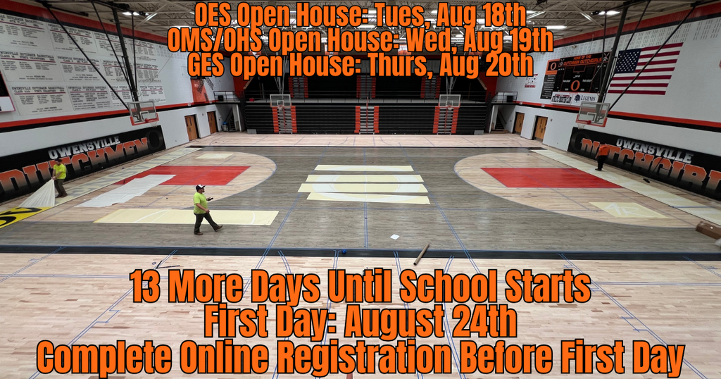 An indoor basketball court with a floor being worked on. Orange text mentions open houses and school start dates.