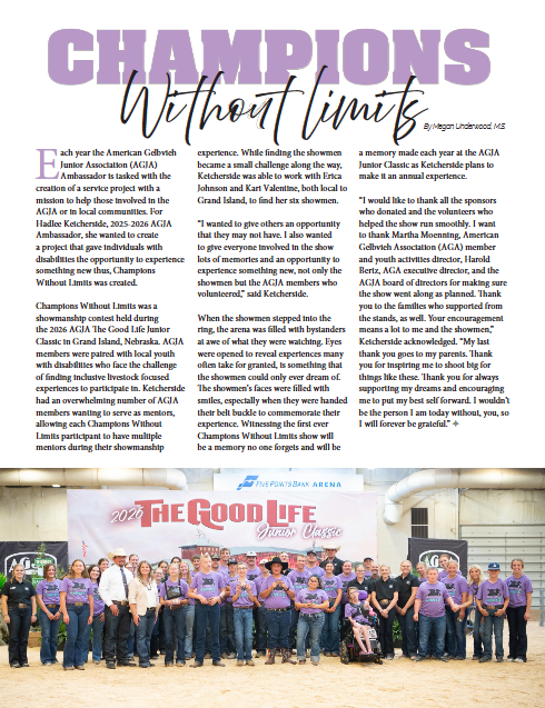 Magazine cover with bold "Champions Without Limits" title, featuring an article with text and photos of people in purple shirts.