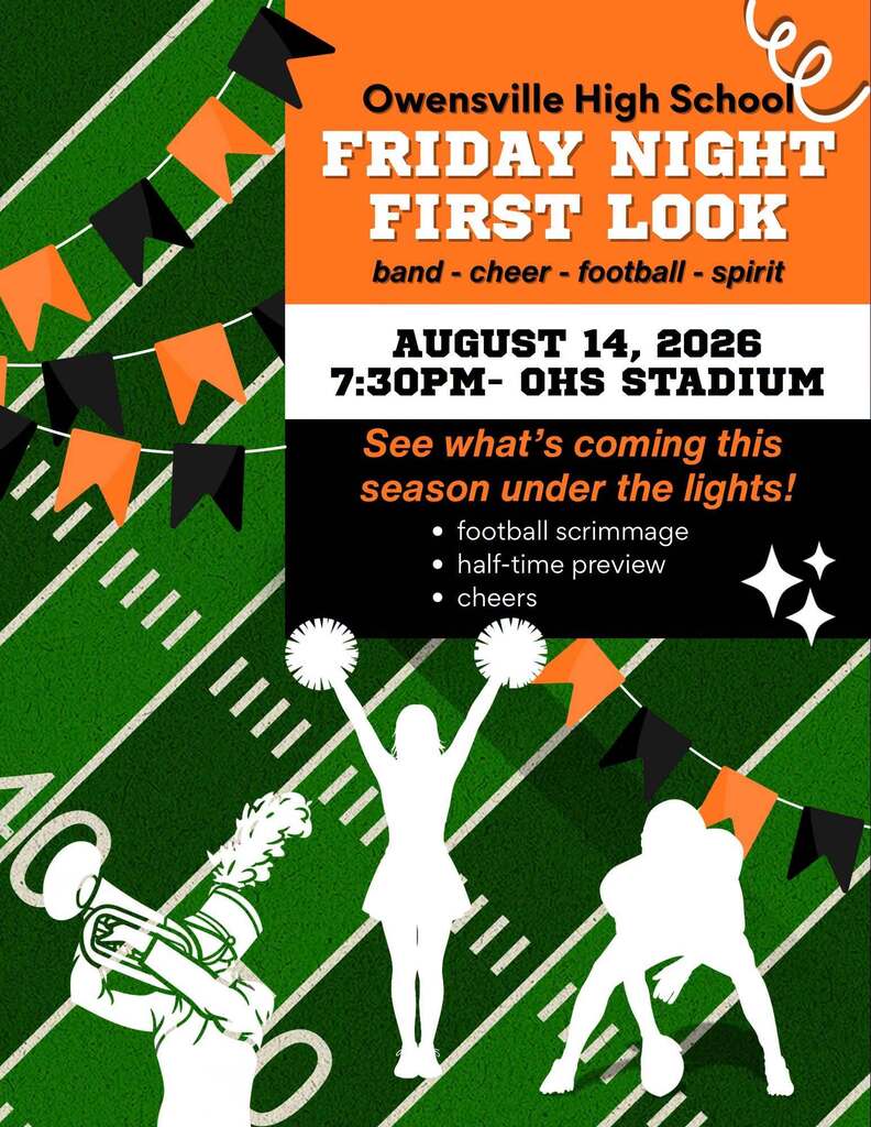 Poster with event details for "Friday Night First Look" on August 14, 2026. Features silhouettes of band, cheerleaders, and football players.