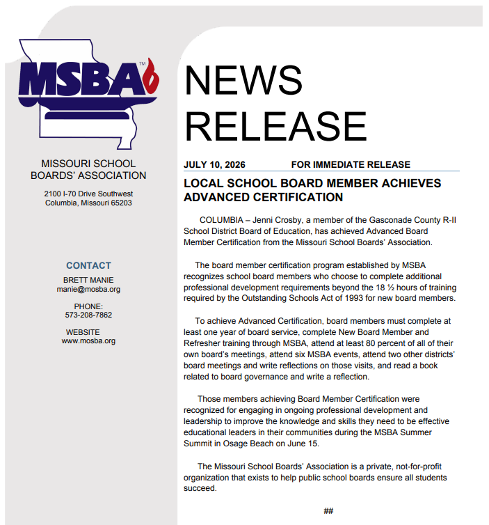 News release from the Missouri School Boards Association. It reads, "Local School Board Member Achieves Advanced Certification."