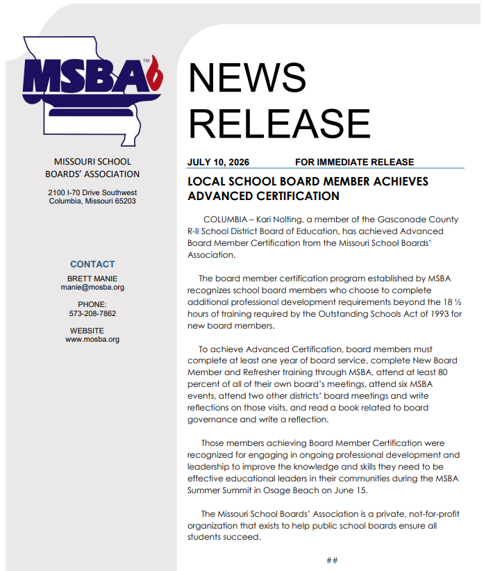 Document header with "NEWS RELEASE" text. Date reads July 18, 2019. Text reads "Local School Board Member Achieves Advanced Certification."