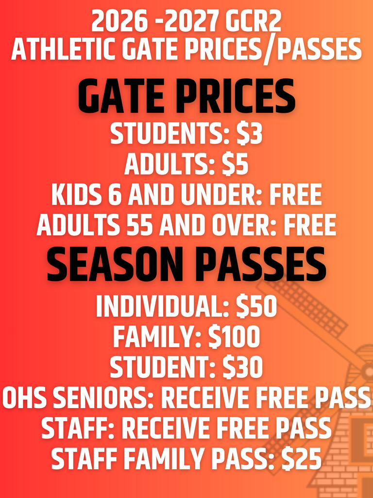 An orange background displays ticket prices and passes for athletic events. Categories include students, adults, children, seniors, and staff.