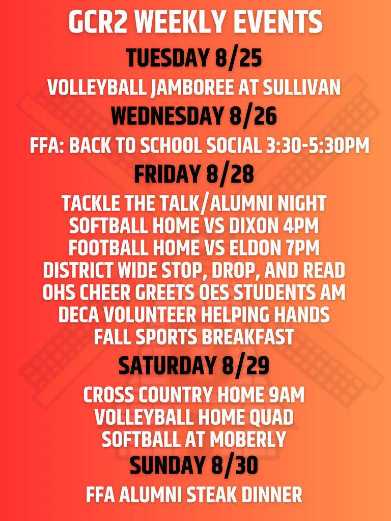 A schedule on an orange background lists weekly events from Tuesday, August 25th to Sunday, August 30th.