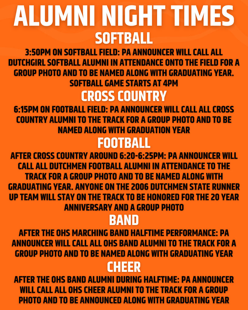 Text on a bright orange background reads "Alumni Night Times" and lists events, including softball, cross country, and a football game.
