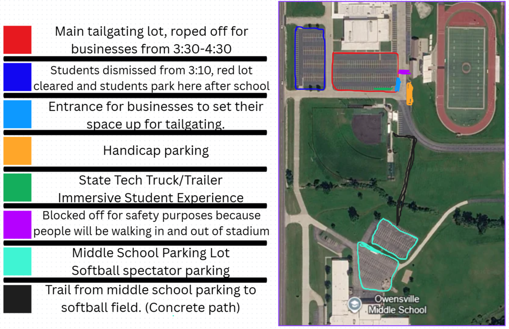 Map shows a layout of a parking area with color-coded sections for various purposes like tailgating, parking, and handicapped spots.