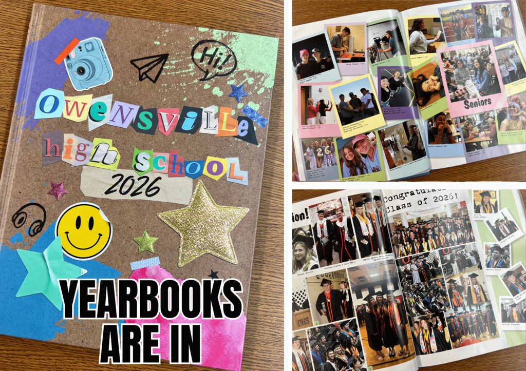 A collage of images shows a school yearbook. The cover features colorful stickers, text, and images. Inside, photos include students in various settings.