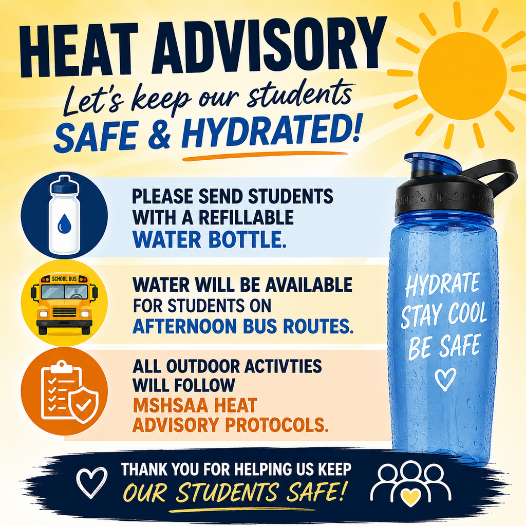 A poster has a yellow background with the title "Heat Advisory" and a sun icon. It contains text and icons about water safety and heat advisory protocols.