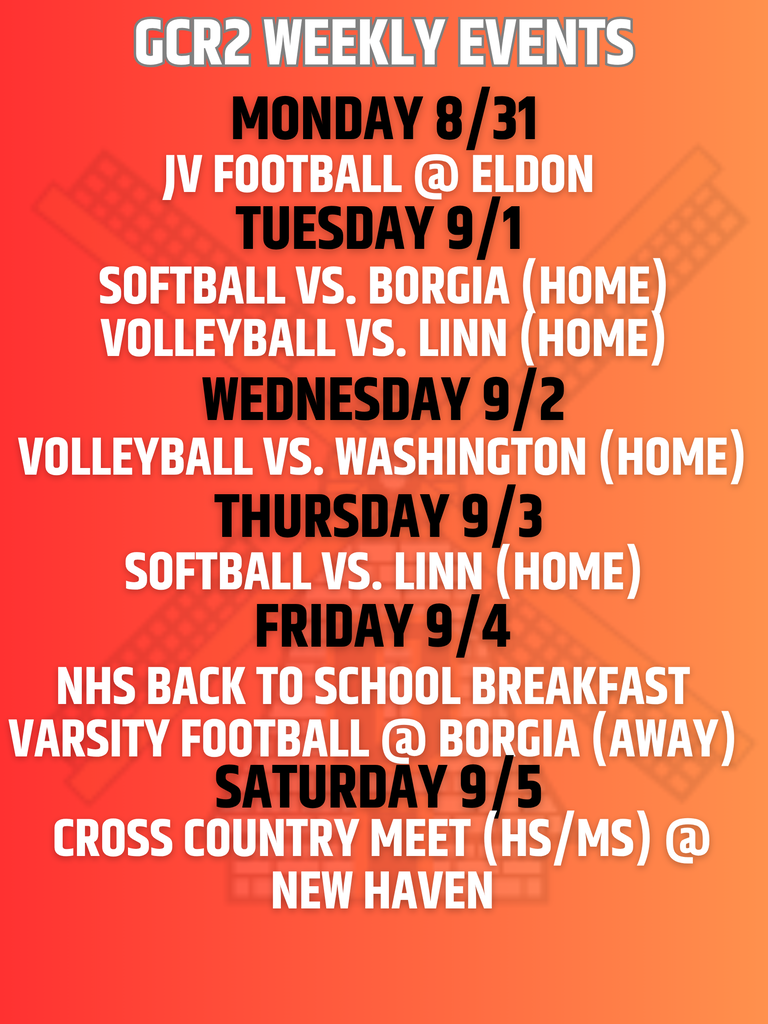 Weekly event schedule includes JV Football, Softball, Volleyball, and Cross Country. Dates range from August 31 to September 5.