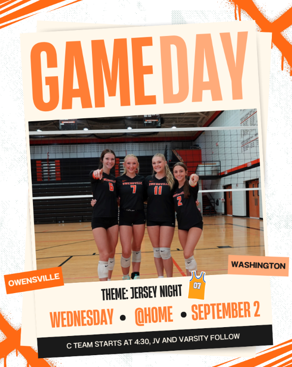 Poster for a volleyball game. Four women pose on a court. The date and theme are included.