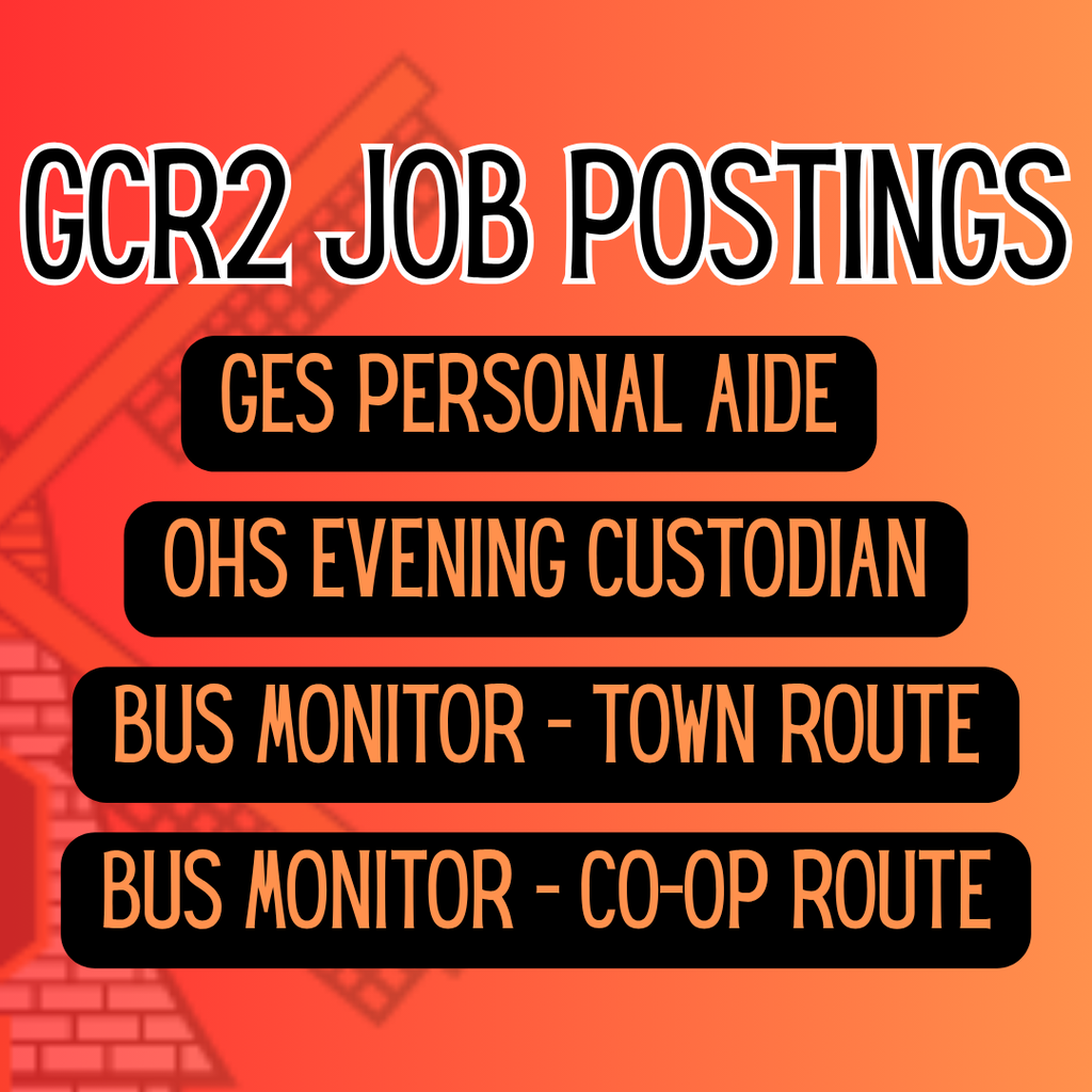 Orange background with a brick wall. Job titles include GCR2 Job Postings, GES Personal Aide, OHS Evening Custodian, and Bus Monitor.