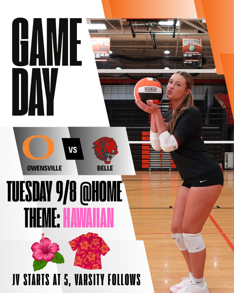 A volleyball player holds a ball in a gymnasium. The text reads "Game Day" and "Owensville vs. Belle."