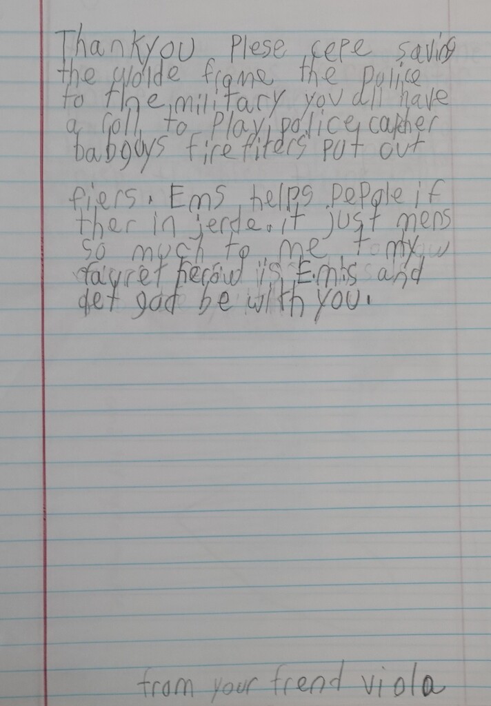 A handwritten note on lined paper. The note includes phrases about saving people and expressing gratitude.