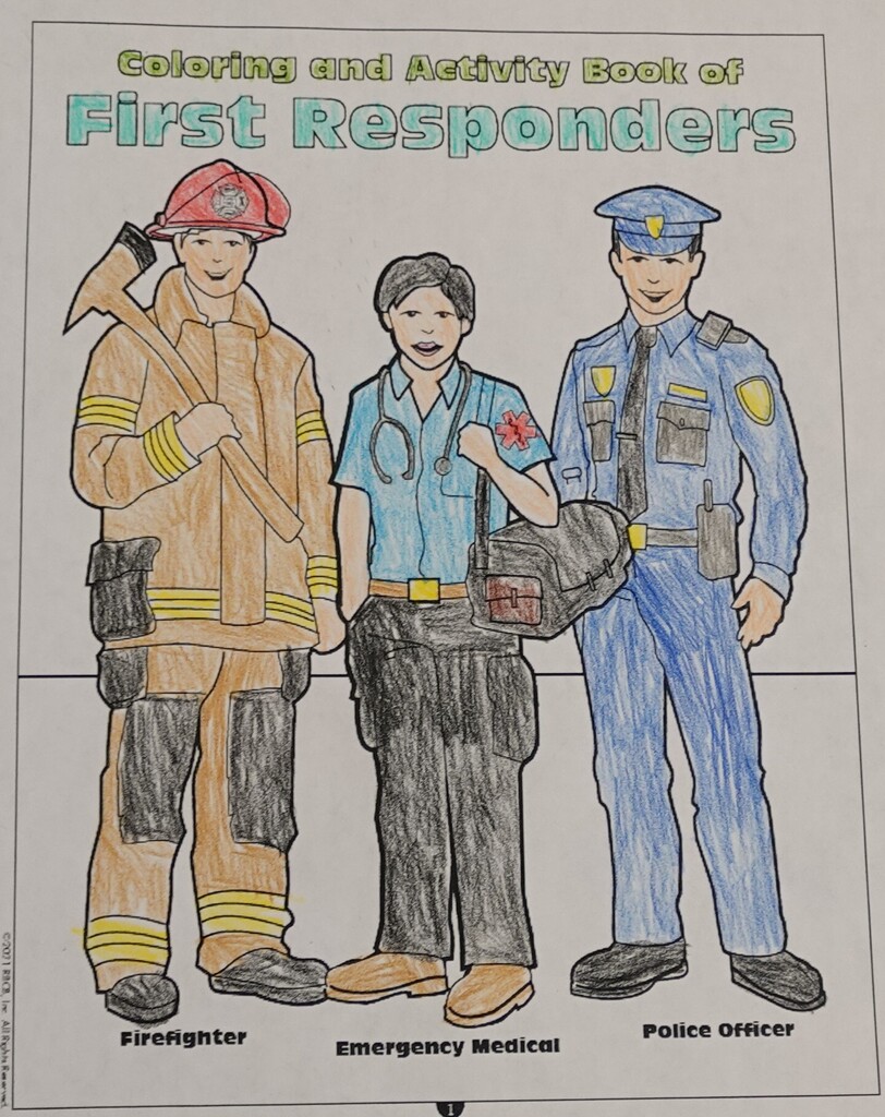 Line drawing of a firefighter, an emergency medical technician, and a police officer standing together.