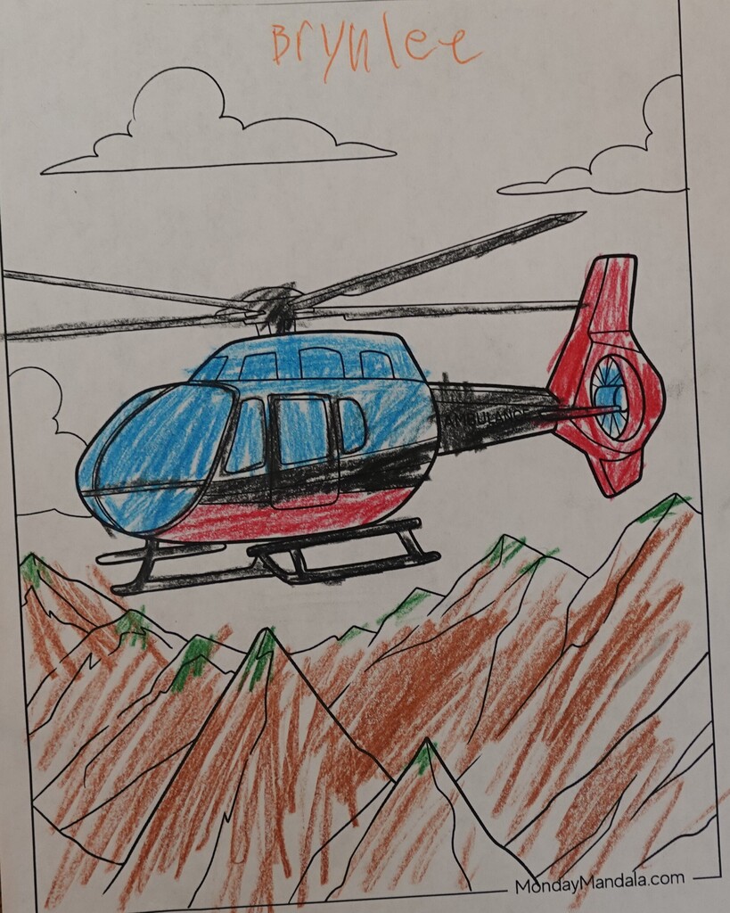 A colorful drawing of a helicopter flying over mountains. The helicopter has blue and red colors.