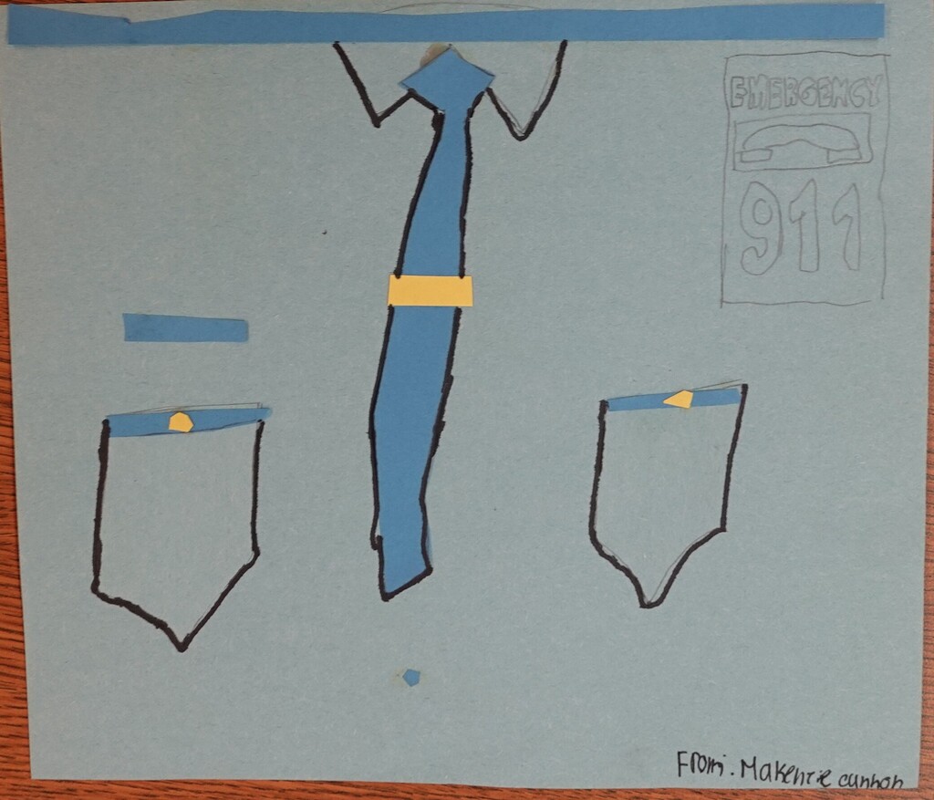 A hand-drawn illustration on a blue background depicts a shirt with a yellow tie and two pockets with yellow buttons.