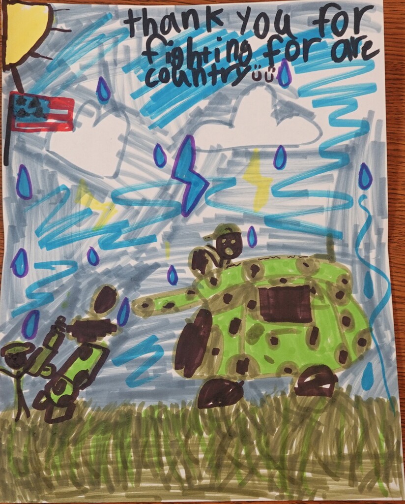 Drawing of a soldier and dog with raindrops and clouds. Words "Thank you for fighting for our country."