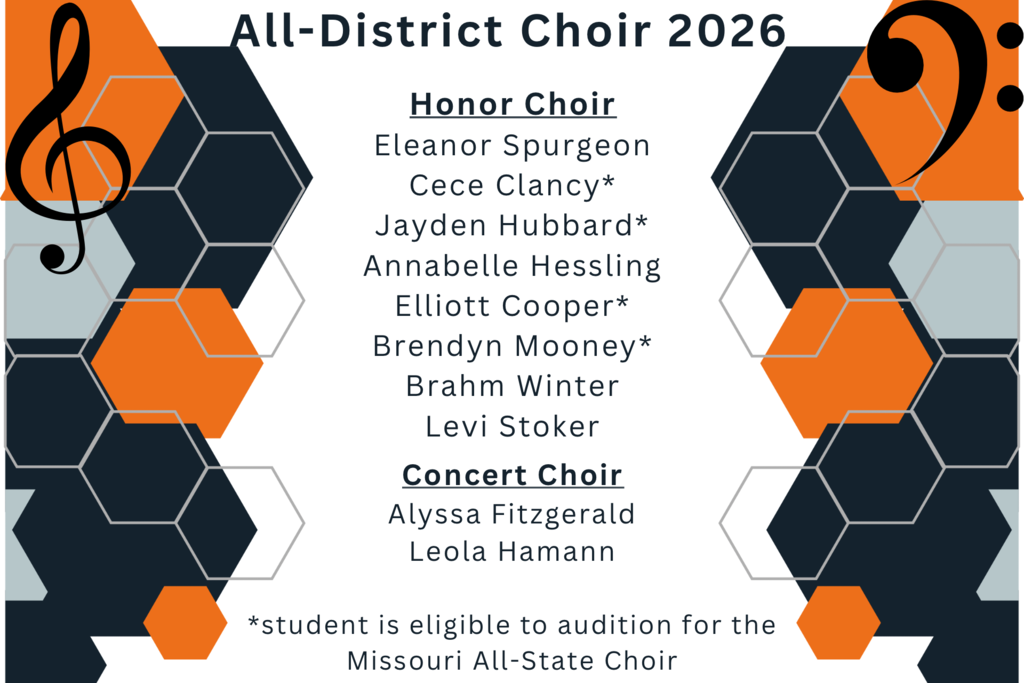 An event flyer lists names for the All-District Choir 2026. Names include Eleanor Spurgeon and Jayden Hubbard, among others.