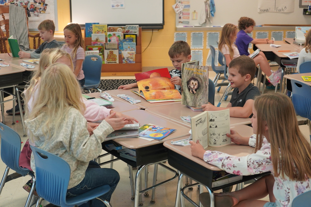 Children sit in chairs around desks, reading books. Behind them, a whiteboard is on the wall.