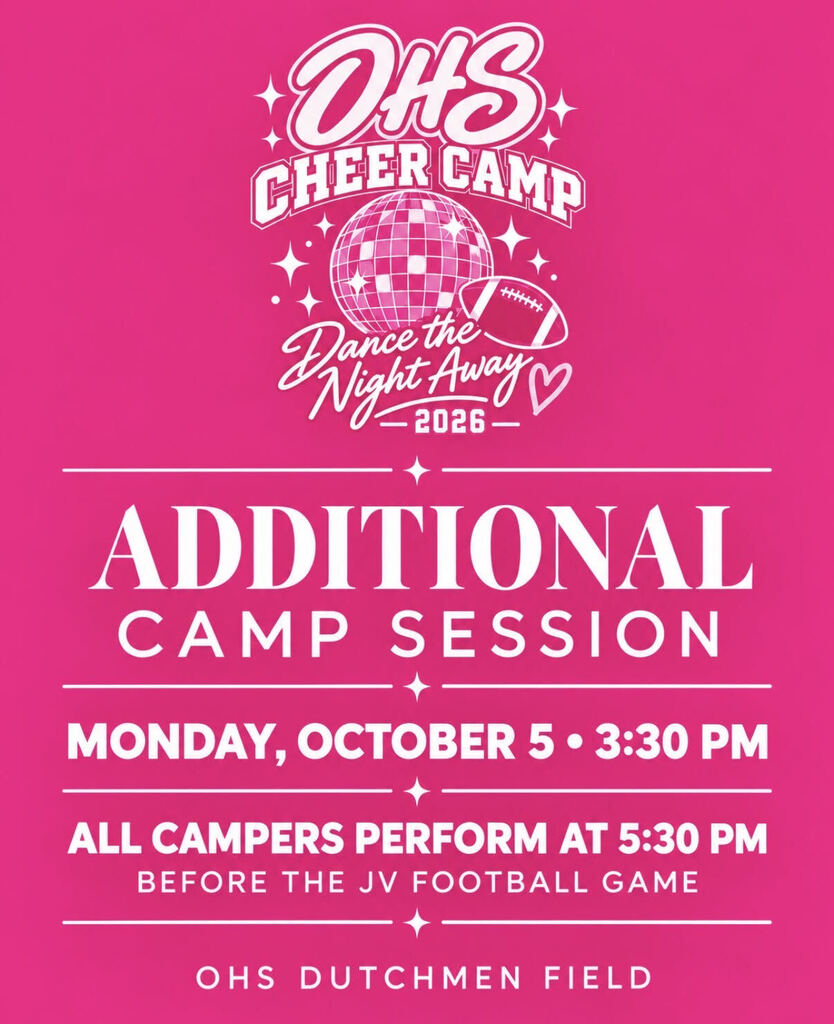 A pink flyer with white text and stars advertises the OHS Cheer Camp. It reads: "Dance the Night Away 2026."