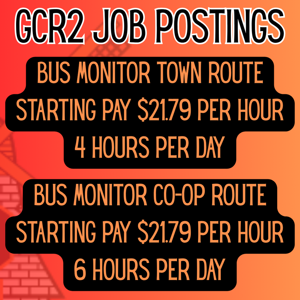 Two job listings for bus monitor positions with pay and hours per day. One is a town route, 4 hours daily. The other is a co-op route, 6 hours daily.