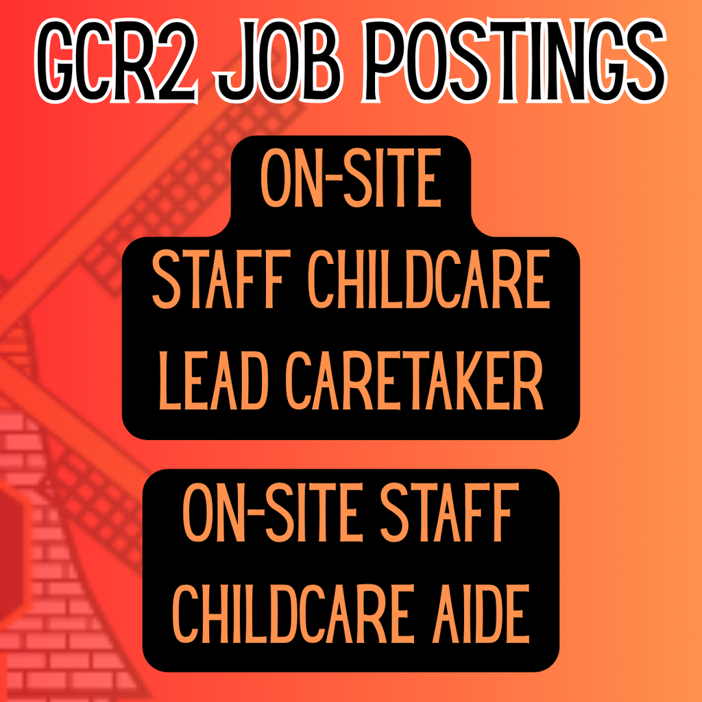 Two job postings for on-site staff childcare positions on an orange background with a brick wall and windmill silhouette.