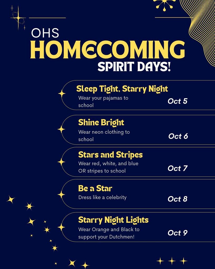 Blue and yellow poster lists five themed days for the Homecoming Spirit Week, including dates and themed dress-up instructions.