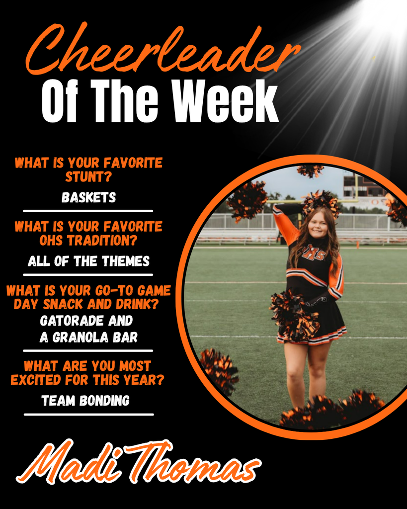A poster highlights a cheerleader named Madi Thomas with a spotlight. It features questions about favorite stunts, traditions, snacks, and team bonding.