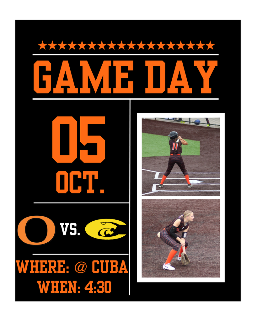 A sports announcement features the date, teams, location, and time for a softball game. Two players in action are shown in small photos.