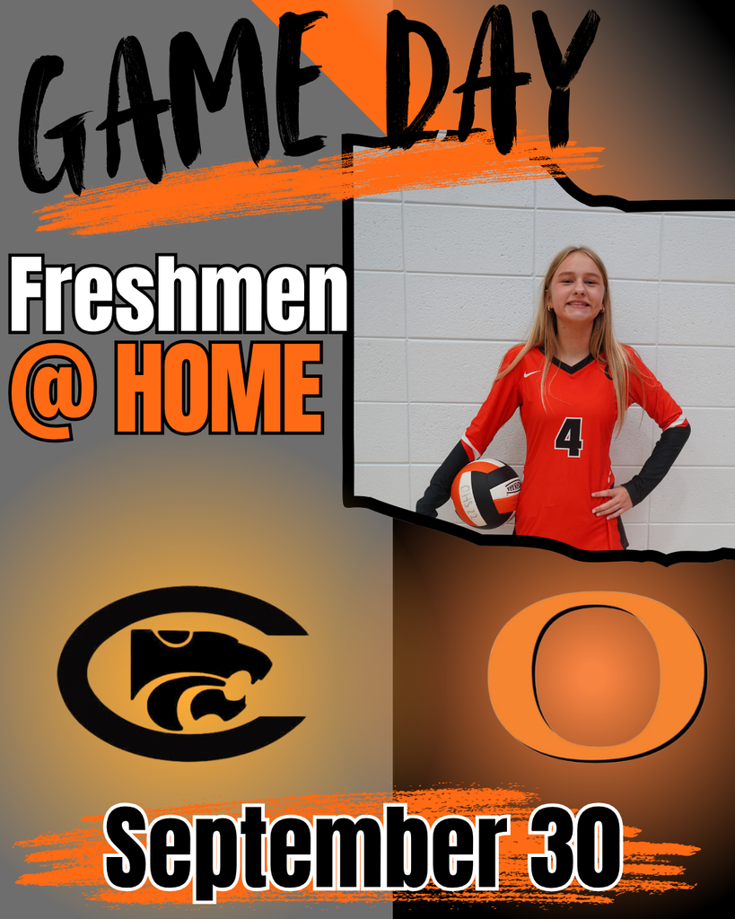 Poster with text "GAME DAY Freshmen @ HOME September 30" on left and photo of girl in volleyball uniform holding a ball.
