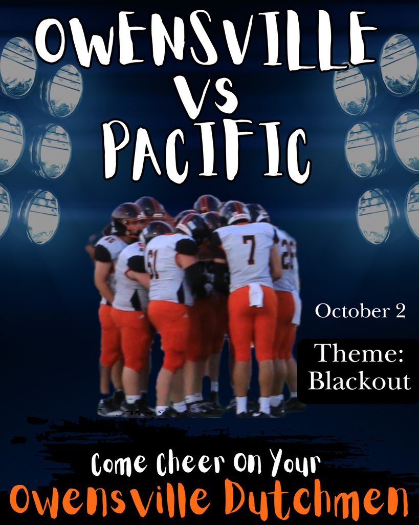 A poster shows a group of football players in helmets, jerseys, and shorts, with "Owensville vs Pacific" in large letters.