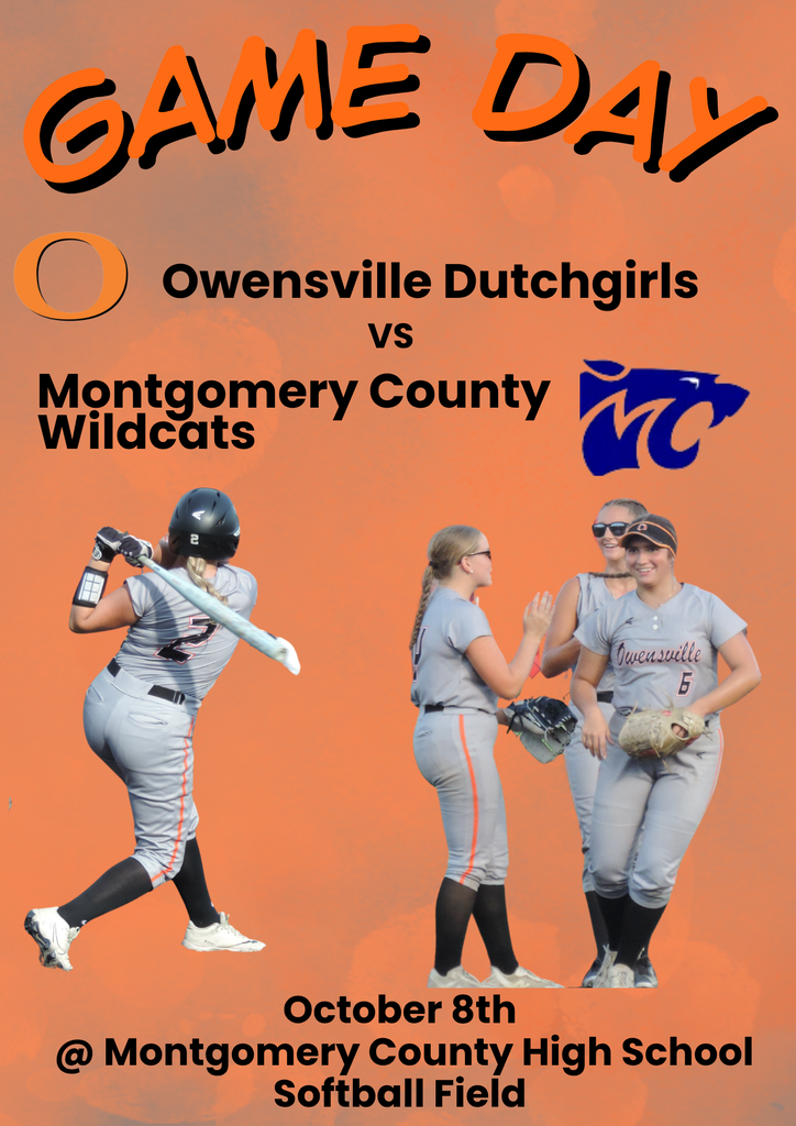 An orange poster shows three softball players in uniform. A player swings a bat. Date and location: October 8 at Montgomery County High School.