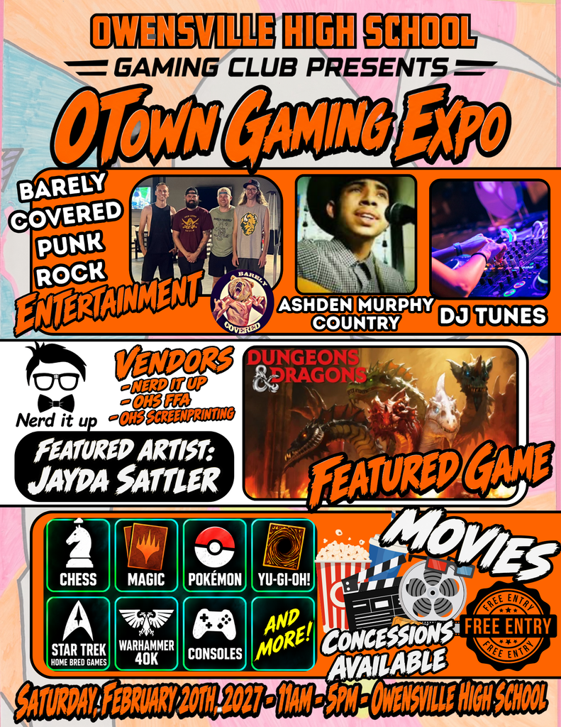 Event poster for Owensville High School Gaming Club featuring photos of students, DJs, and vendors. Activities include games, movies, and live music.
