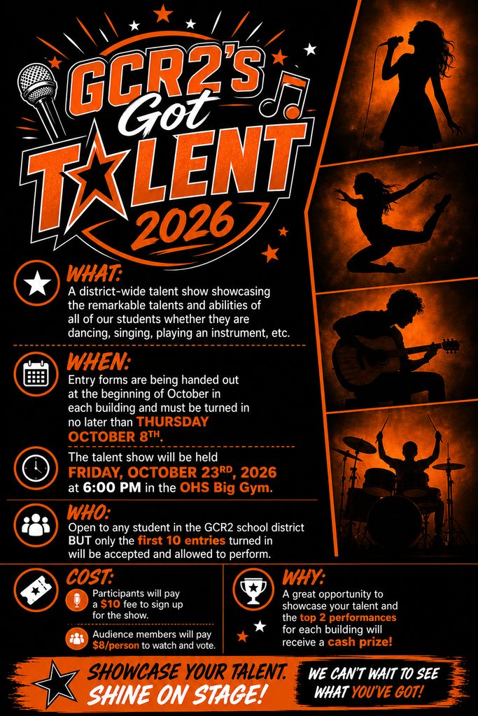 Black poster with text "GCR2's Got Talent 2026". Contains sections "What?", "When?", "Who?", "Cost?", "Why?". Shows silhouettes of musicians.